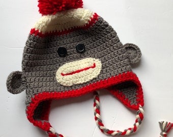 Gray Adult Sock Monkey Crochet Hat