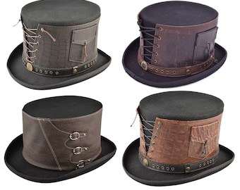 Handmade Unisex Wool Steampunk Leather-Strapped Top Hat