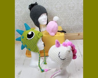 Unicorn, Dinosaur, Dragon Beanie Crochet Pattern Bundle