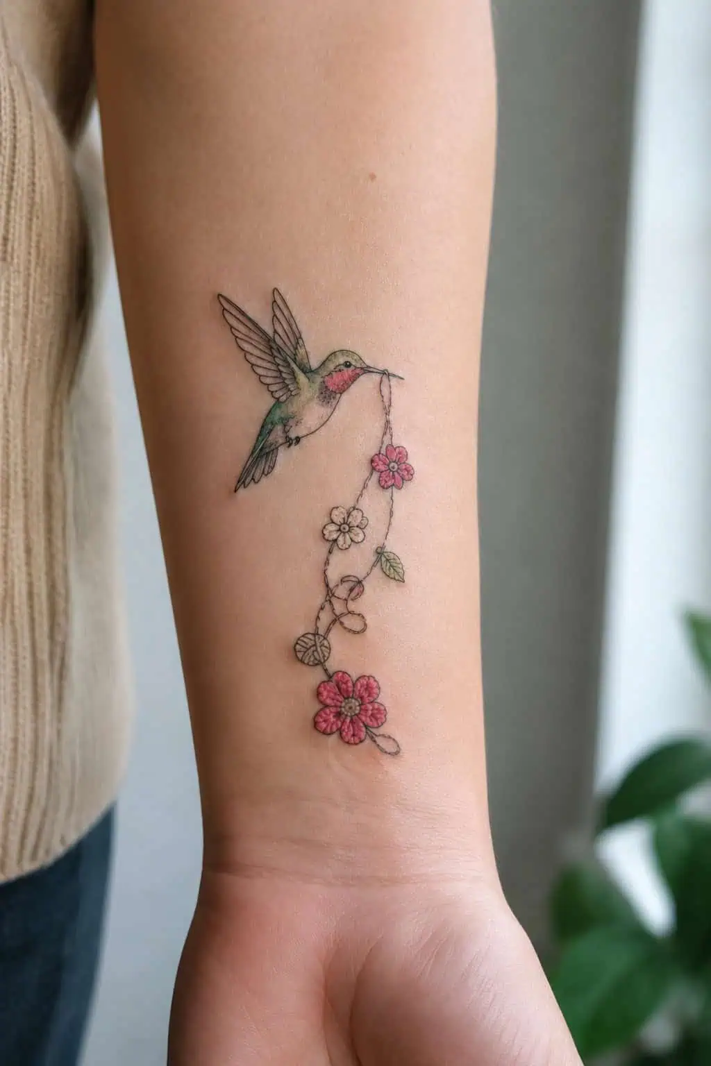 Crochet hummingbird tattoo concept on an adult forearm