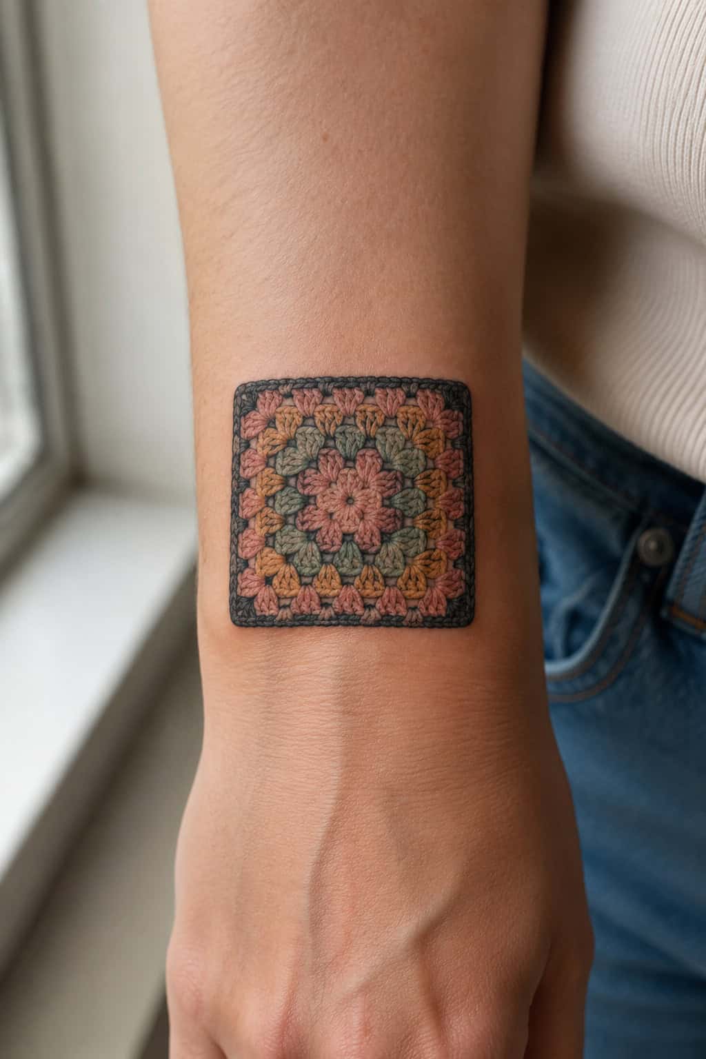 Granny square crochet tattoo on an adult upper arm