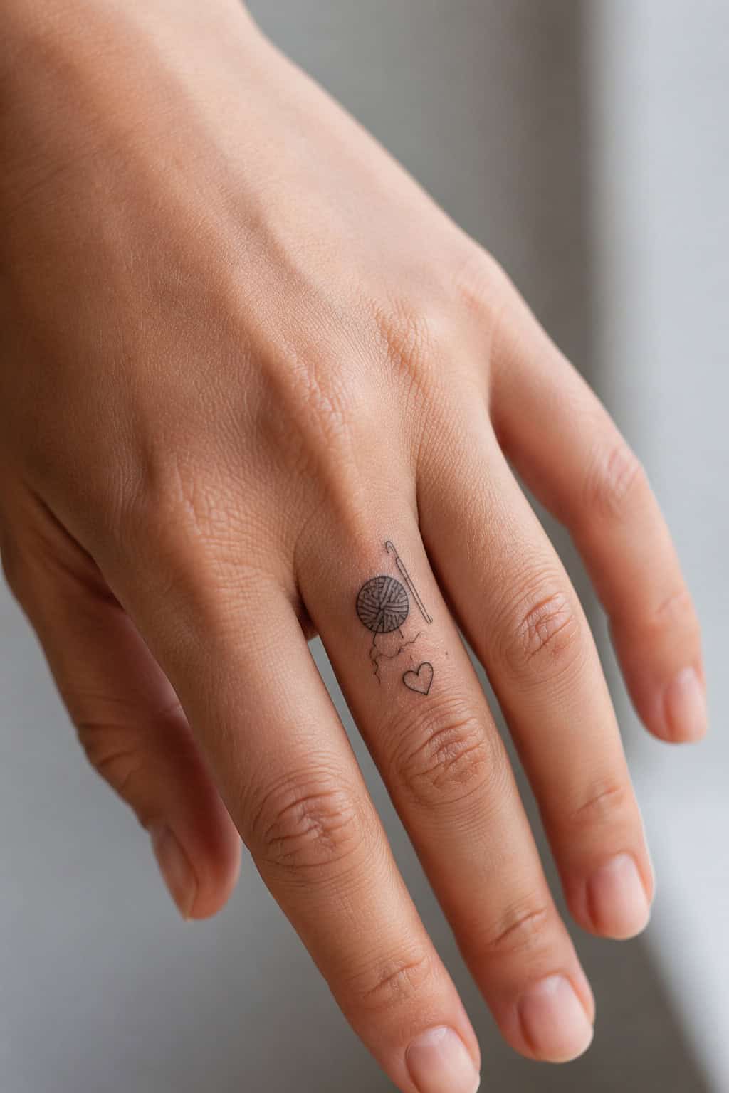 Tiny yarn ball and crochet hook finger tattoo