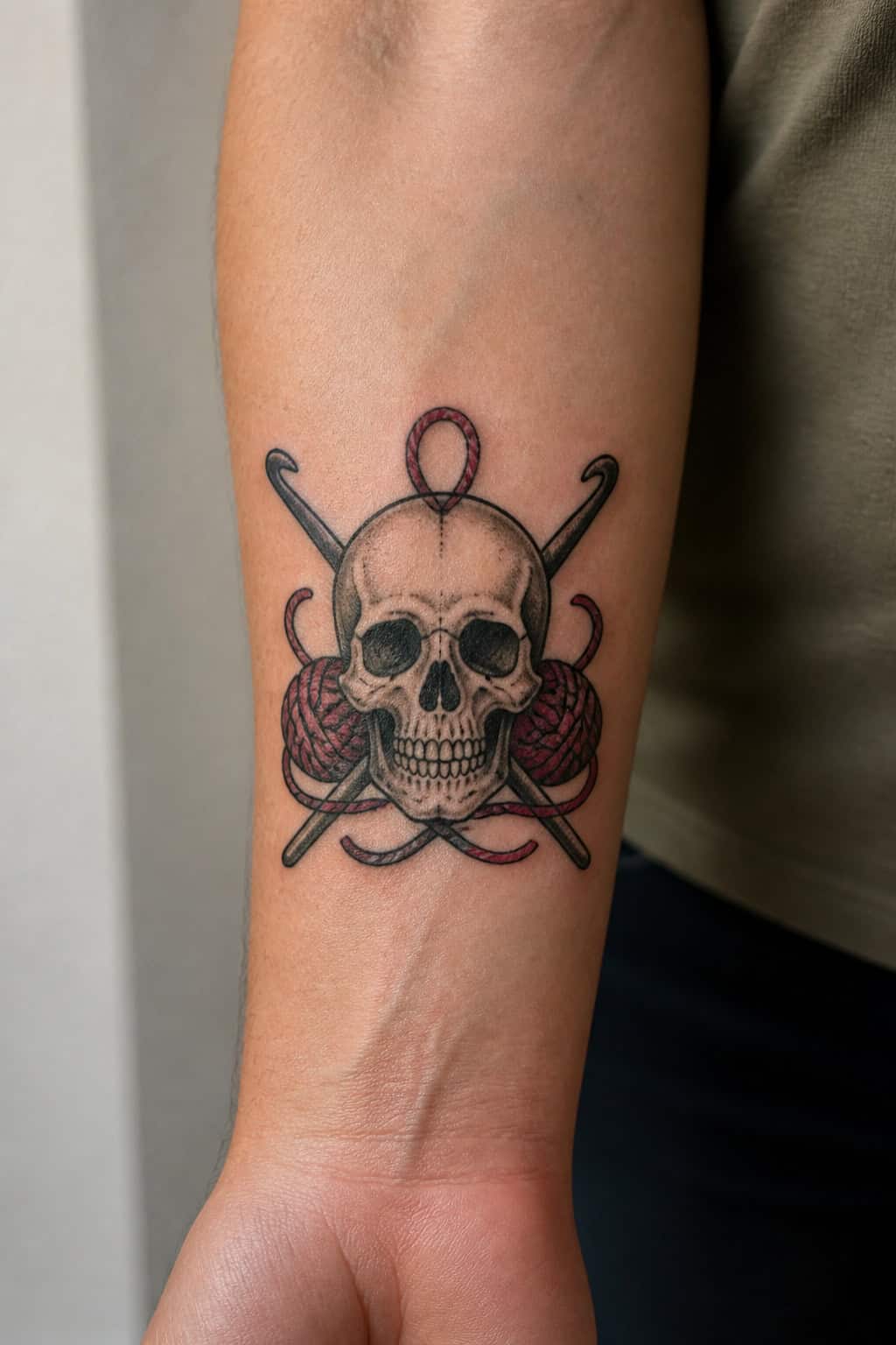 Crochet hook skull tattoo on an adult upper arm