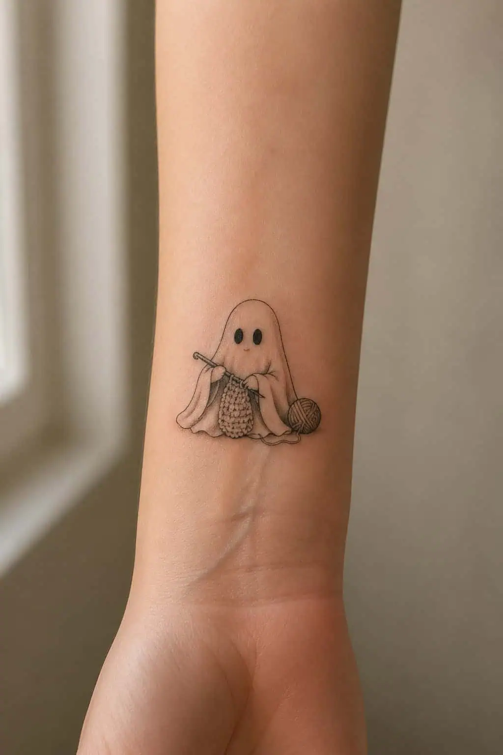 Whimsical crocheting ghost tattoo on an adult forearm