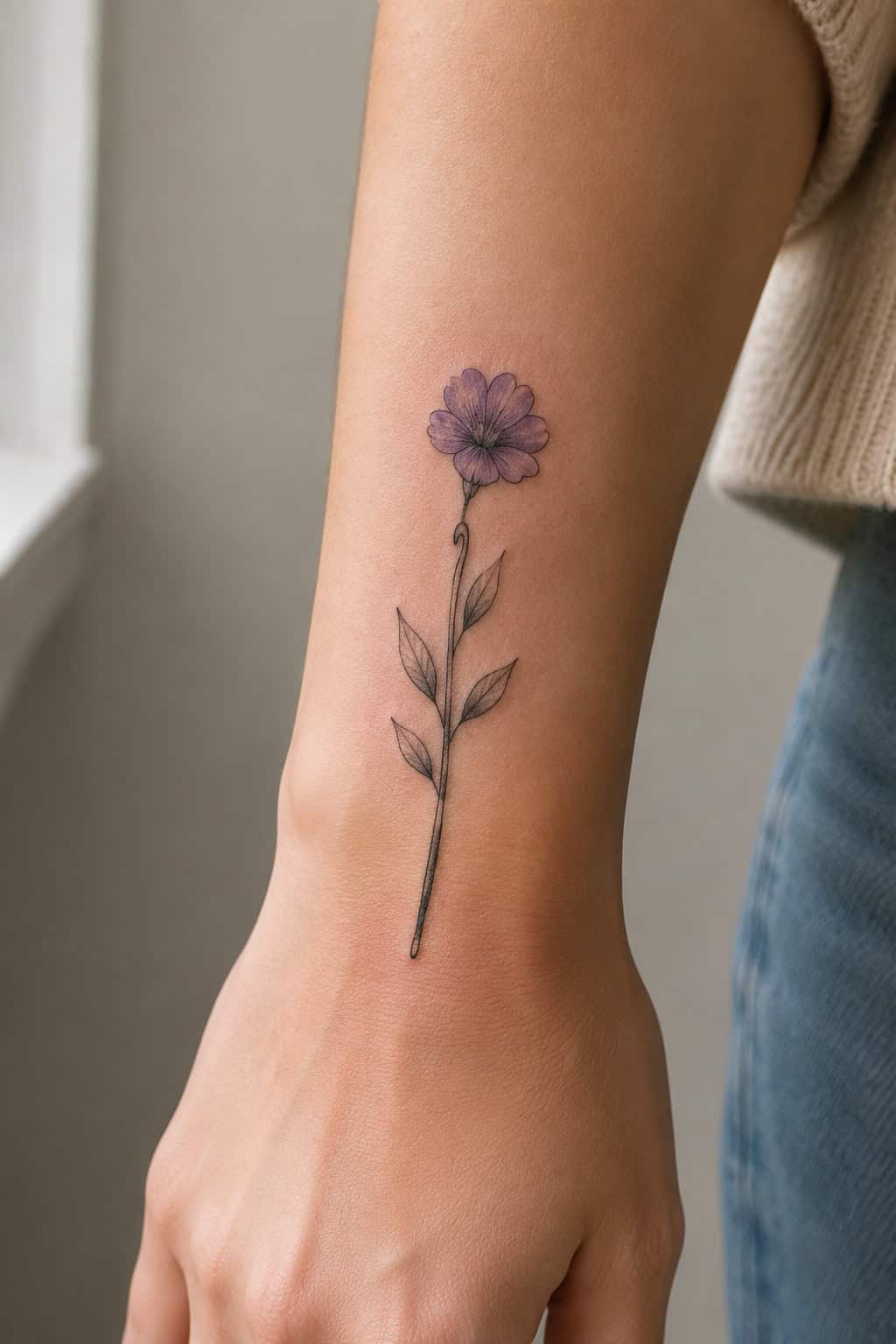 Flower tattoo with a crochet hook stem on an adult forearm