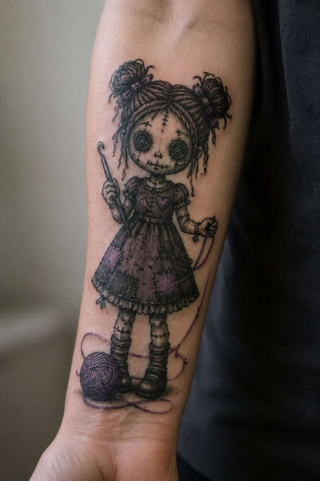 Spooky stitched-doll crochet tattoo on an adult upper arm