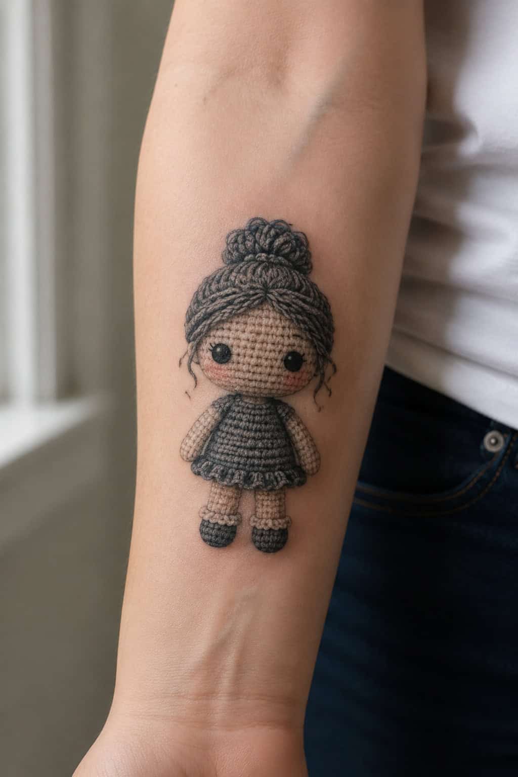 Realistic amigurumi crochet tattoo on an adult forearm