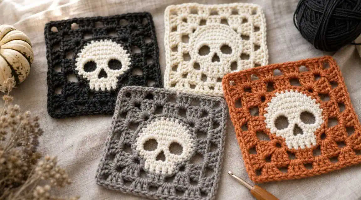 30 Skull Granny Square Crochet Patterns for Halloween, Gothic Decor, and Clever Motifs