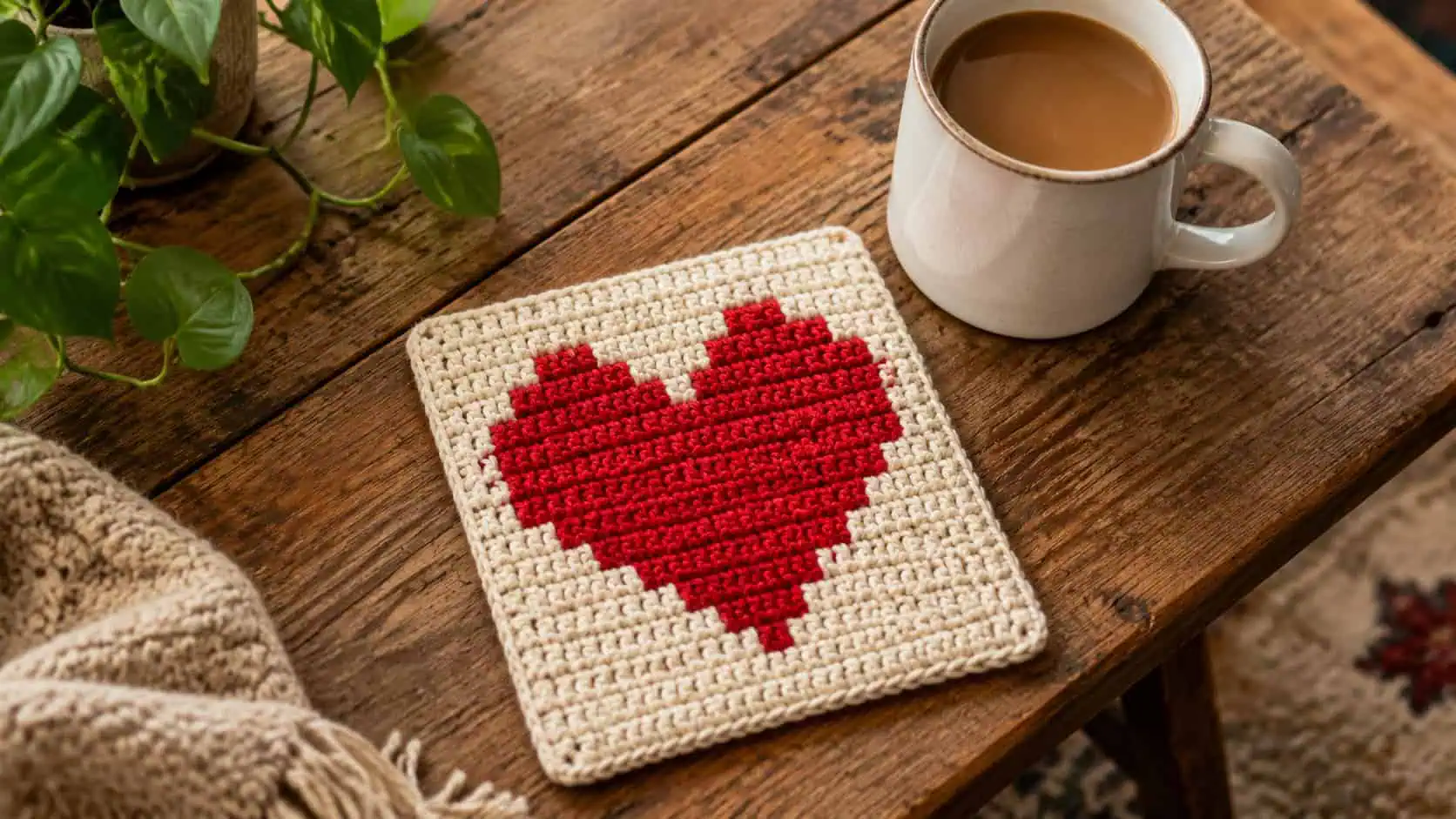 Easy Pixel Heart Crochet Mug Rug — Free Pattern