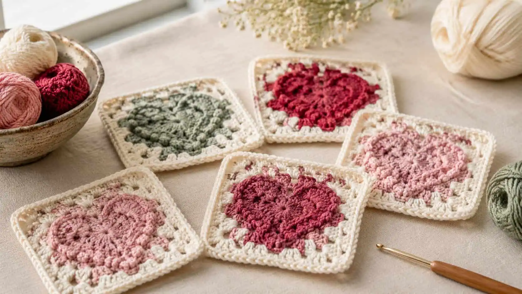 Crochet heart granny squares in pink, red, cream, and sage yarn on a linen craft table