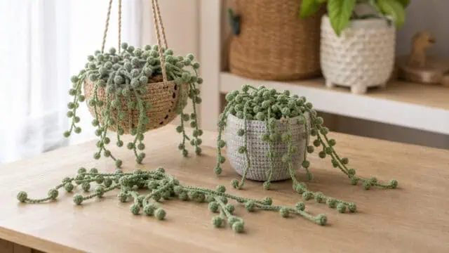 30 String of Pearls Crochet Patterns for Hanging Plants, Mini Pots, and Car Charms