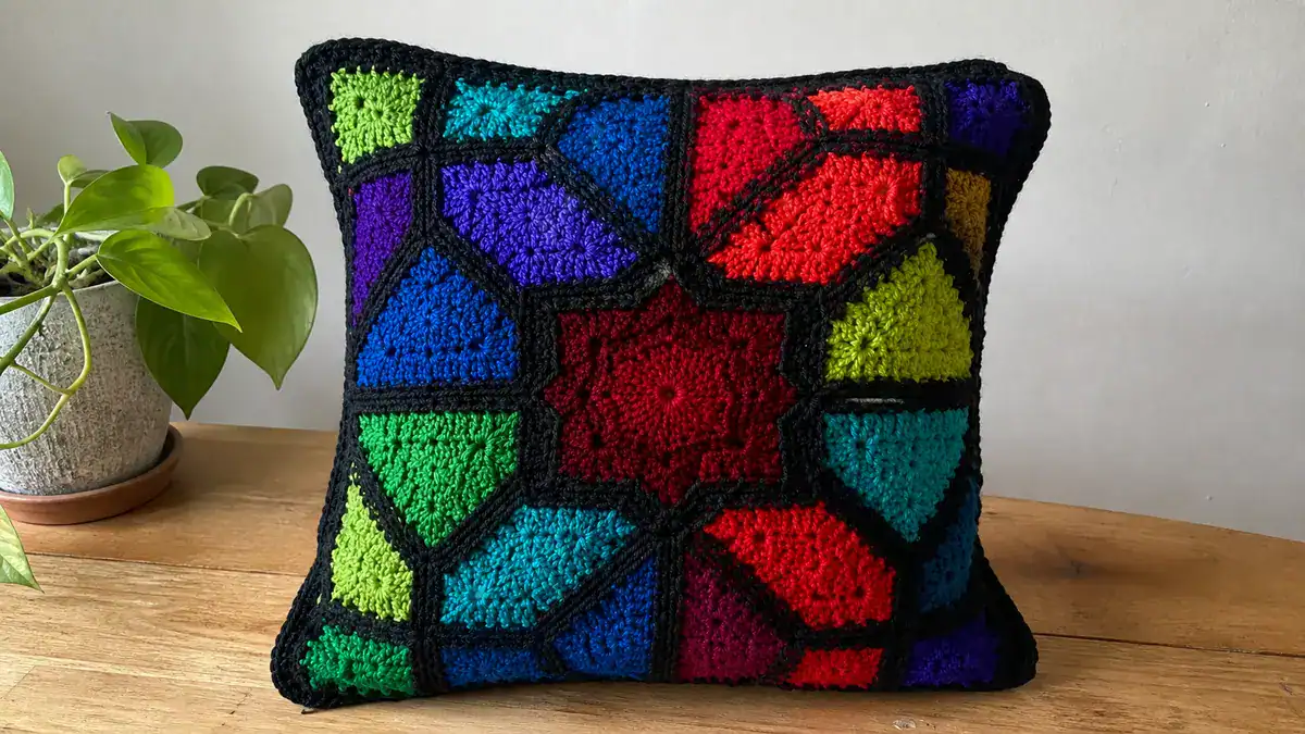 Easy Stained Glass Crochet Pillow Cover — Free Pattern, handmade crochet project