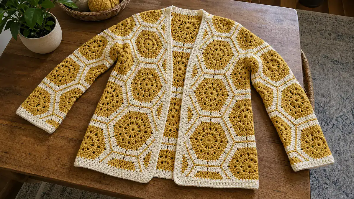 Cozy Hexagon Crochet Cardigan — Free Easy Pattern, handmade crochet project
