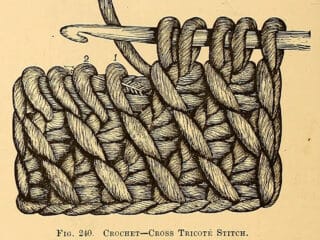 Engraving of crochet cross tricote stitch showing the hook and numbered loops