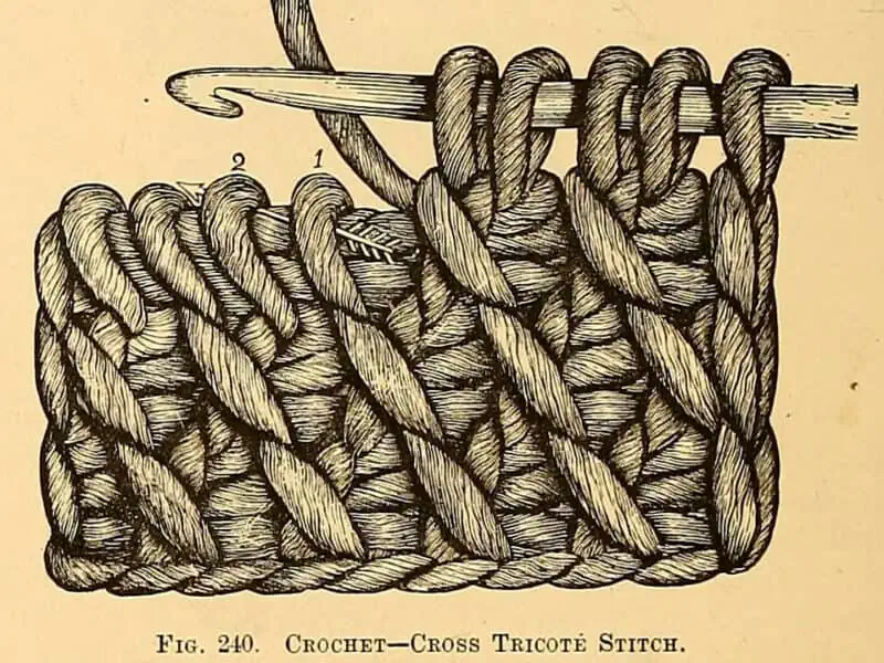 Engraving of crochet cross tricote stitch showing the hook and numbered loops