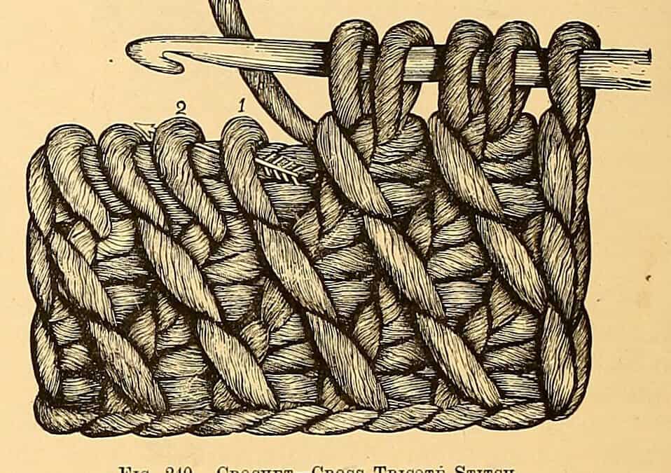 Engraving of crochet cross tricote stitch showing the hook and numbered loops