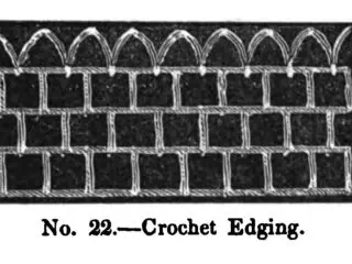 Engraving of an open crochet edging with an arched scalloped top, from Cornelia Mee's Crochet Explained and Illustrated