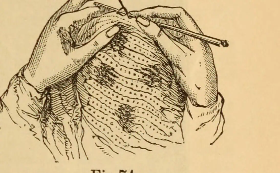 Victorian engraving showing how to hold the crochet hook and work