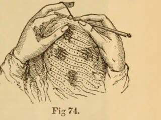 Victorian engraving showing how to hold the crochet hook and work