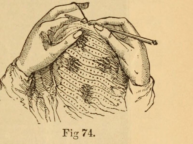 Victorian engraving showing how to hold the crochet hook and work