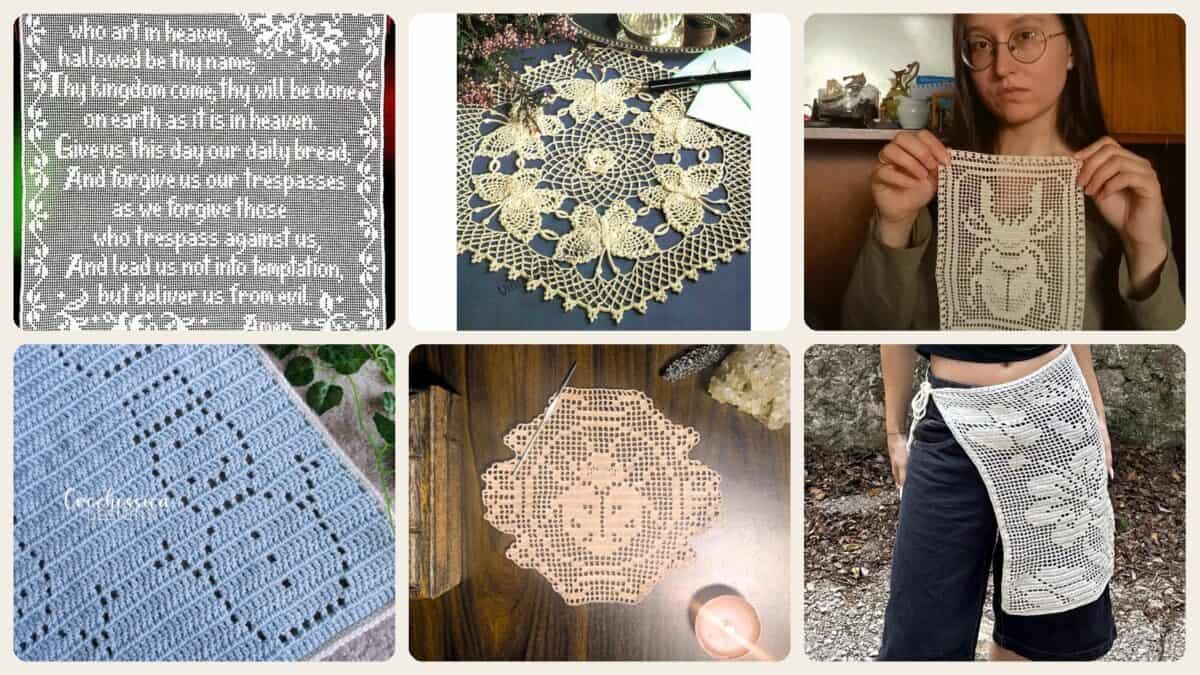 A selection of the crochet patterns in 40 Filet Crochet Patterns to Try for Gifts, Decor, and Wearables