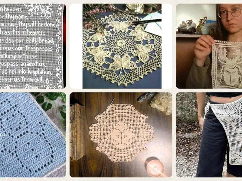 A selection of the crochet patterns in 40 Filet Crochet Patterns to Try for Gifts, Decor, and Wearables