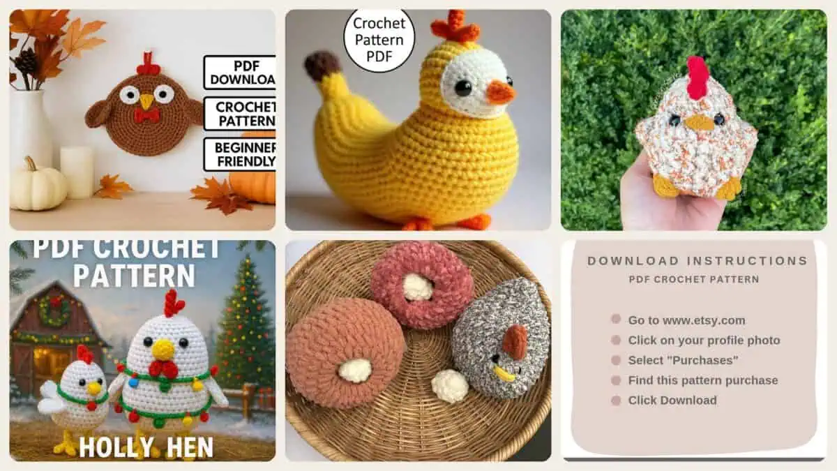 A selection of the crochet patterns in 40 Chicken Crochet Patterns for Amigurumi, Home Decor, Wearables, and Playful Gifts