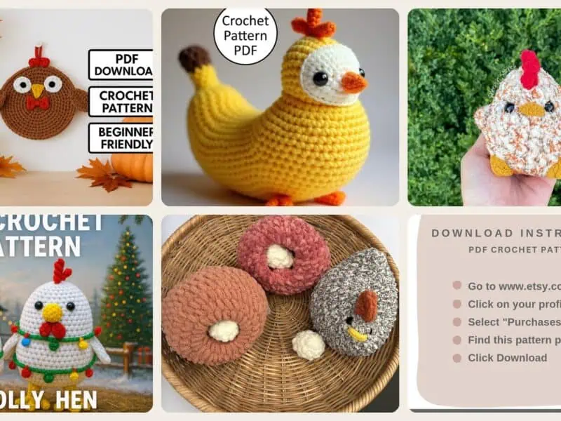 A selection of the crochet patterns in 40 Chicken Crochet Patterns for Amigurumi, Home Decor, Wearables, and Playful Gifts