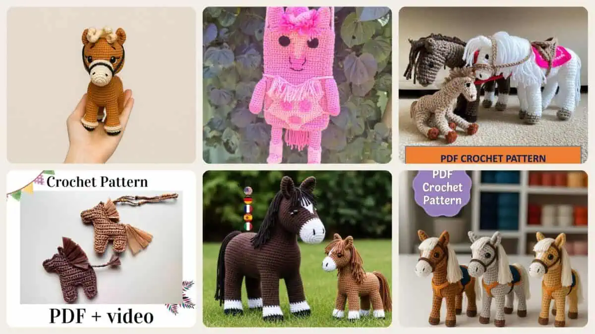 A selection of the crochet patterns in 40 Horse Crochet Patterns: Amigurumi Horses, Ponies, Hobbyhorses, and More