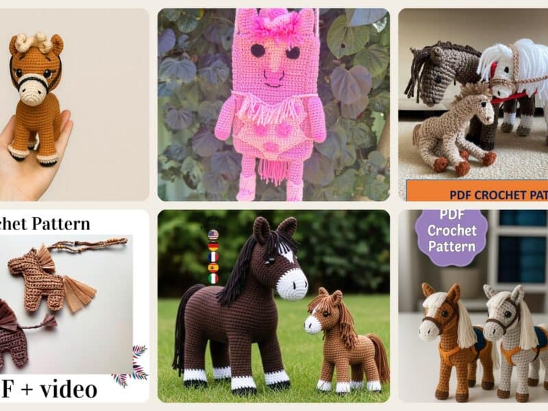 A selection of the crochet patterns in 40 Horse Crochet Patterns: Amigurumi Horses, Ponies, Hobbyhorses, and More