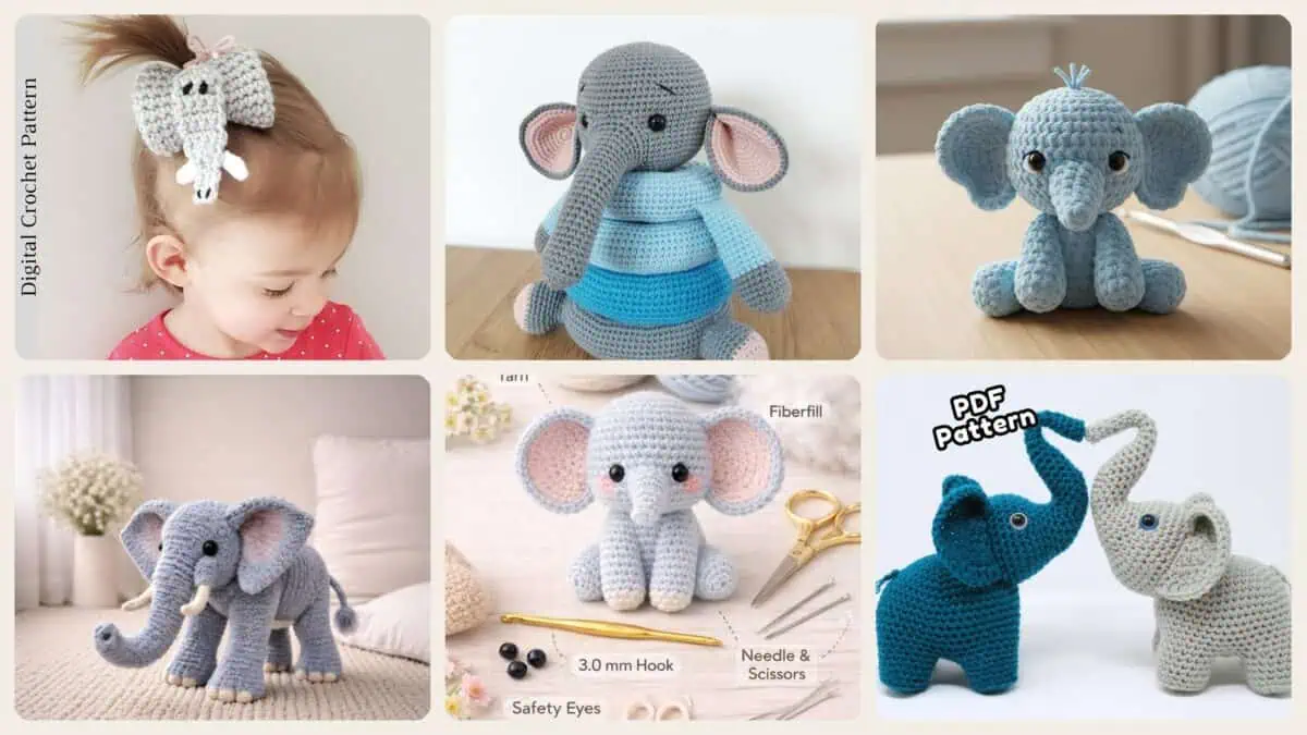 A selection of the crochet patterns in 40 Elephant Crochet Patterns for Amigurumi, Plushies, Loveys, and Nursery Decor