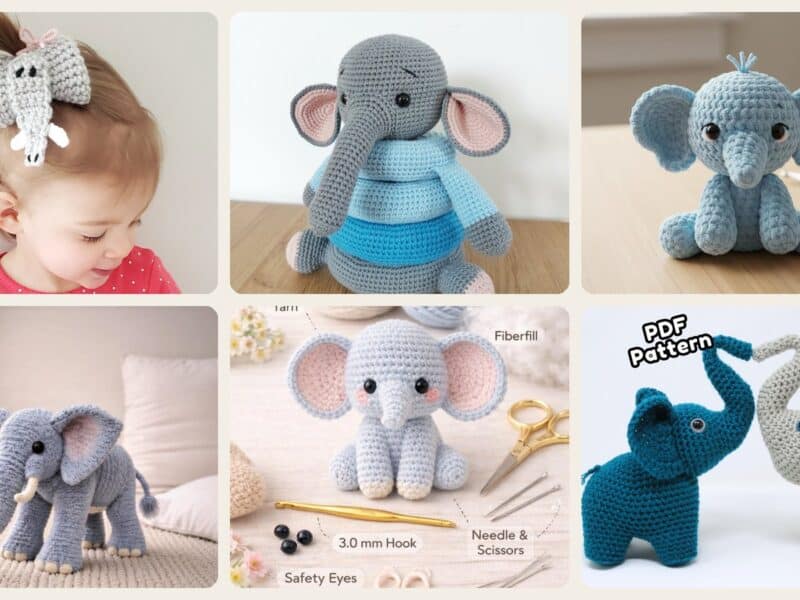 A selection of the crochet patterns in 40 Elephant Crochet Patterns for Amigurumi, Plushies, Loveys, and Nursery Decor