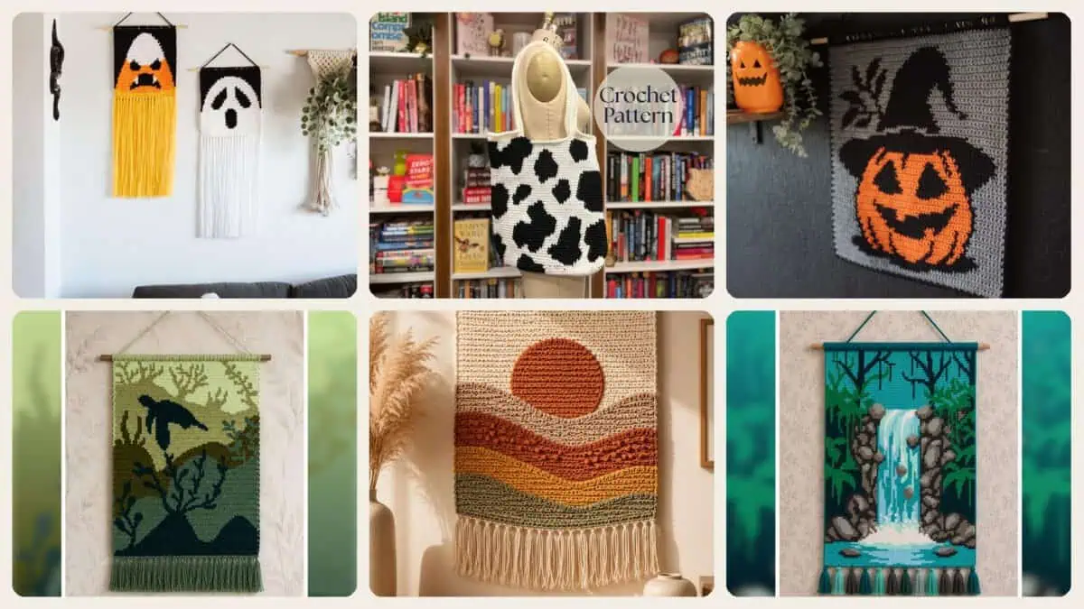 A selection of the crochet patterns in 15 Tapestry Crochet Patterns: Our Favorite Wall Art, Bags, and Gifts