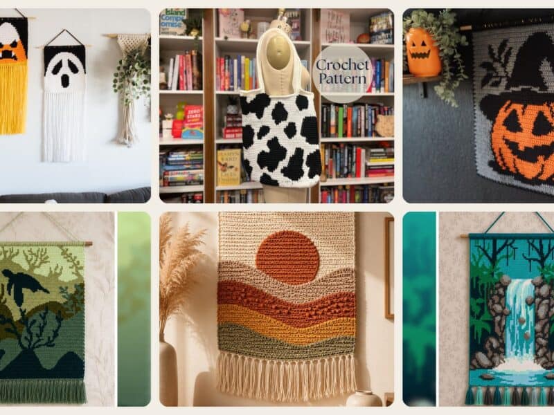 A selection of the crochet patterns in 15 Tapestry Crochet Patterns: Our Favorite Wall Art, Bags, and Gifts
