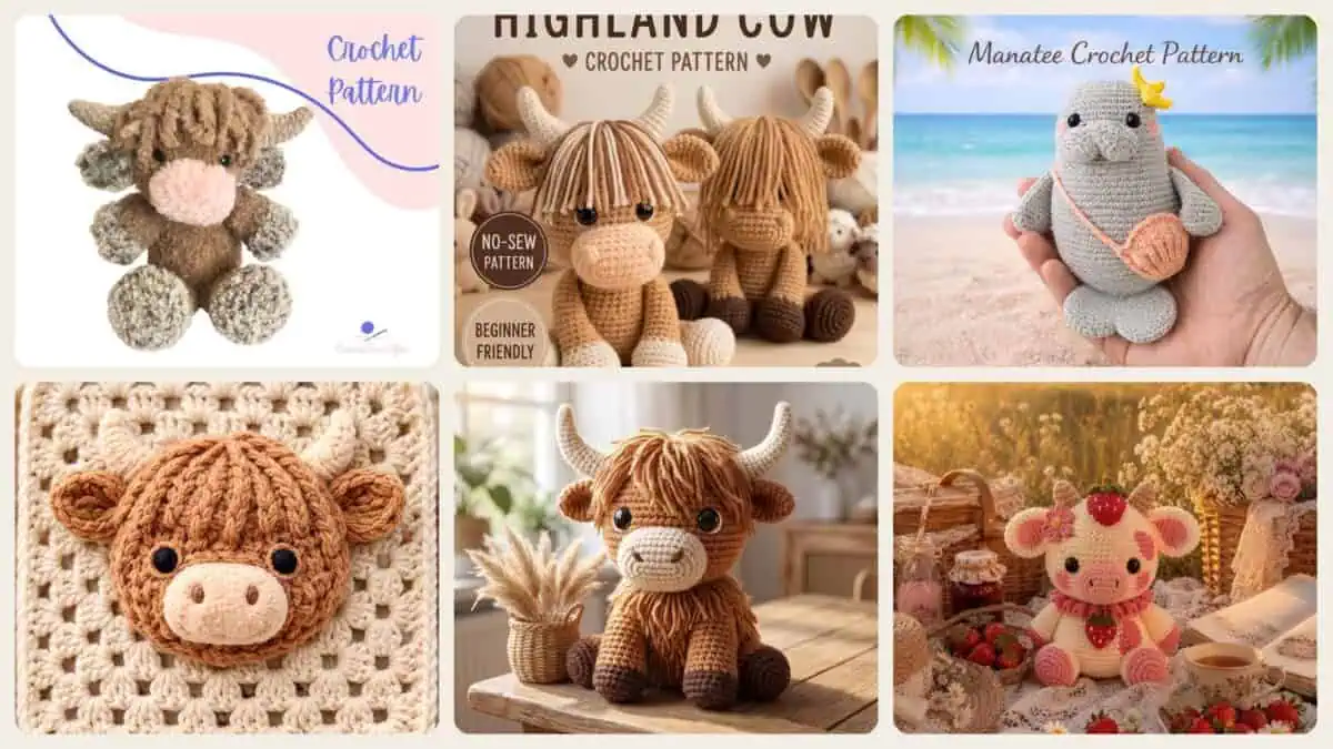 A selection of the crochet patterns in 40 Cow Crochet Patterns: Unleash Your Creativity with These Adorable Designs!