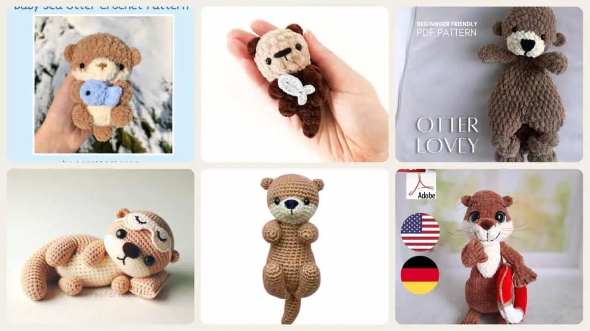 A selection of the crochet patterns in 40 Otter Crochet Patterns for Cute Gifts, Nursery Decor, and Pocket-Sized Amigurumi