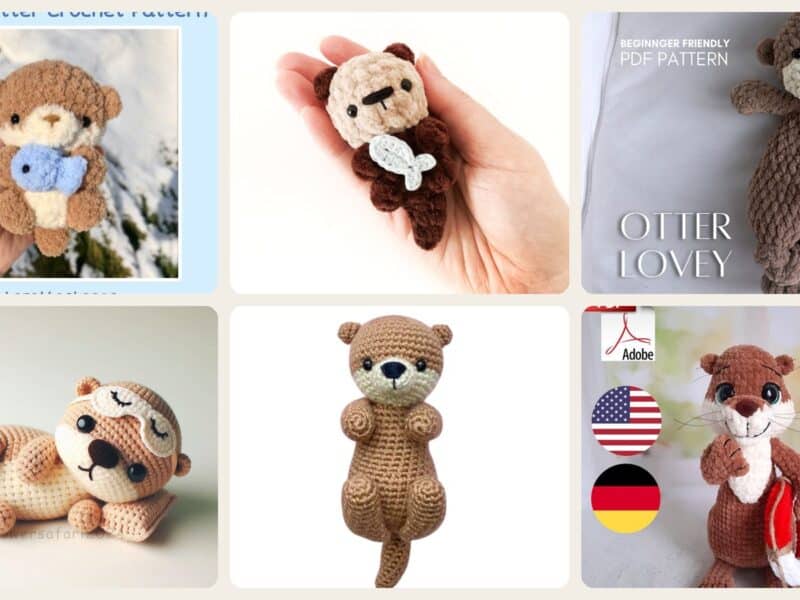 A selection of the crochet patterns in 40 Otter Crochet Patterns for Cute Gifts, Nursery Decor, and Pocket-Sized Amigurumi