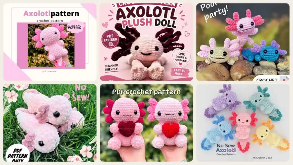A selection of the crochet patterns in 40 Axolotl Crochet Patterns for Cute Amigurumi, Gifts, and Collectibles