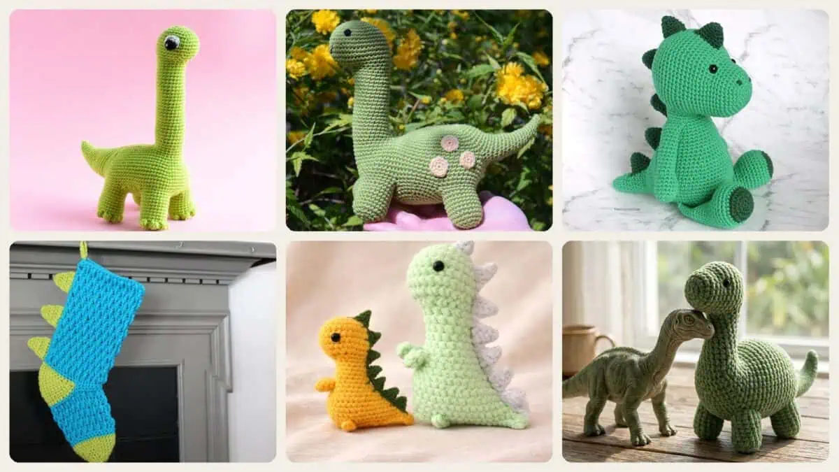 A selection of the crochet patterns in 40 Dinosaur Crochet Patterns for Roaring Cute Amigurumi Projects
