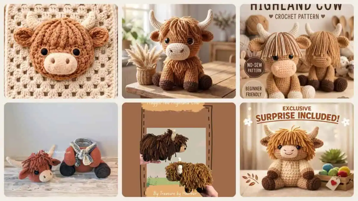 A selection of the crochet patterns in 40 Highland Cow Crochet Patterns for Rustic, Fluffy Amigurumi Charm