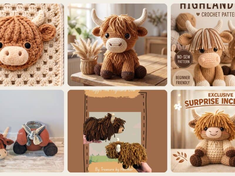 A selection of the crochet patterns in 40 Highland Cow Crochet Patterns for Rustic, Fluffy Amigurumi Charm