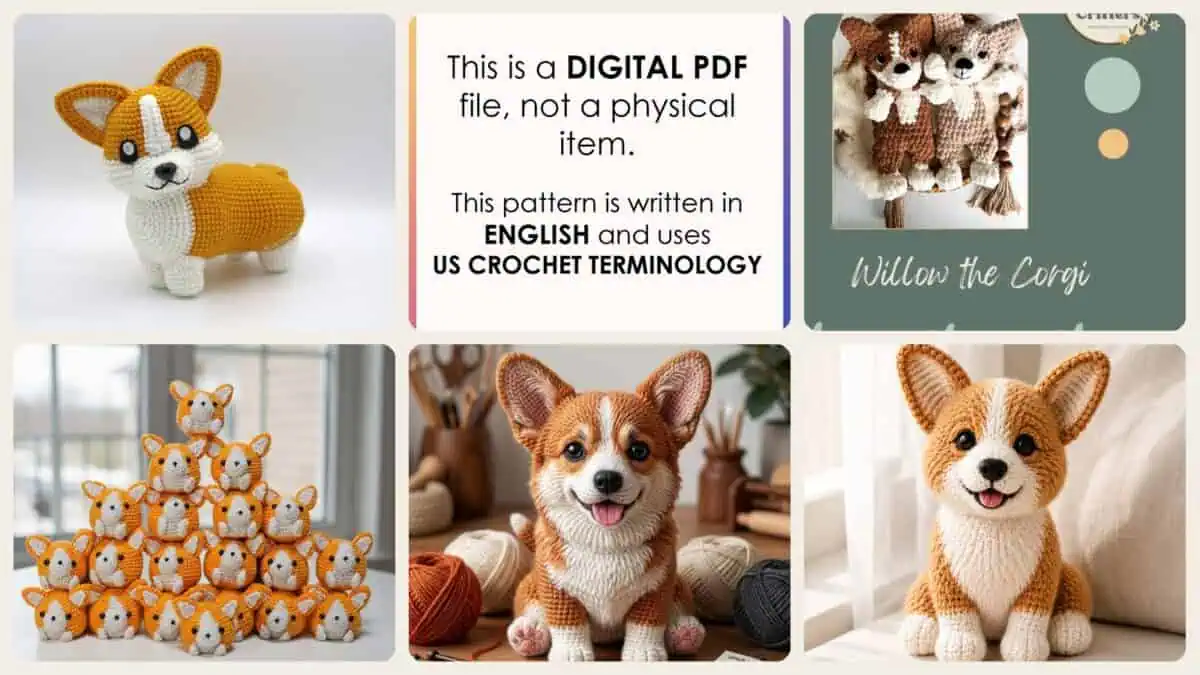 A selection of the crochet patterns in 37 Corgi Crochet Patterns for Amigurumi, Pillows, Keychains, and Dog-Lover Gifts