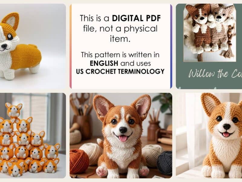 A selection of the crochet patterns in 37 Corgi Crochet Patterns for Amigurumi, Pillows, Keychains, and Dog-Lover Gifts