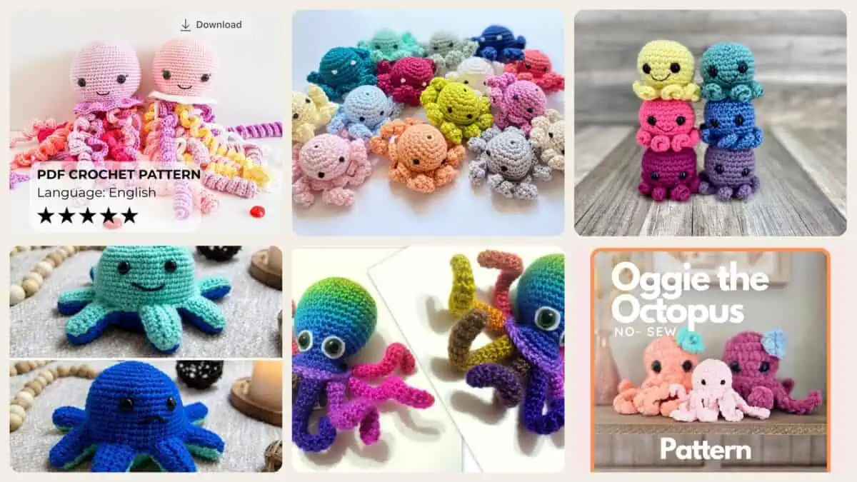 A selection of the crochet patterns in 40 Octopus Crochet Patterns for Amigurumi, Plushies, Keychains, and Statement Makes