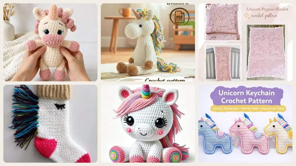 A selection of the crochet patterns in 40 Unicorn Crochet Patterns to Spark a Little Handmade Magic