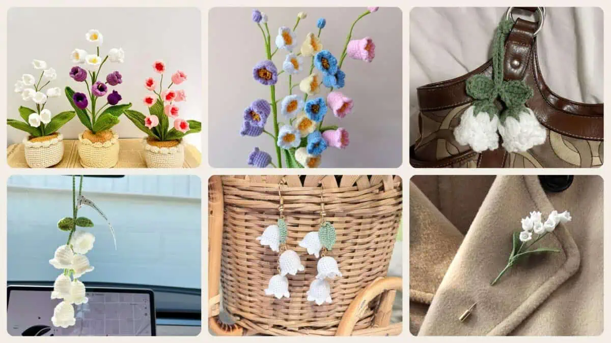 A selection of the crochet patterns in 40 Lily of the Valley Crochet Patterns for Elegant Flowers, Gifts, and Home Decor