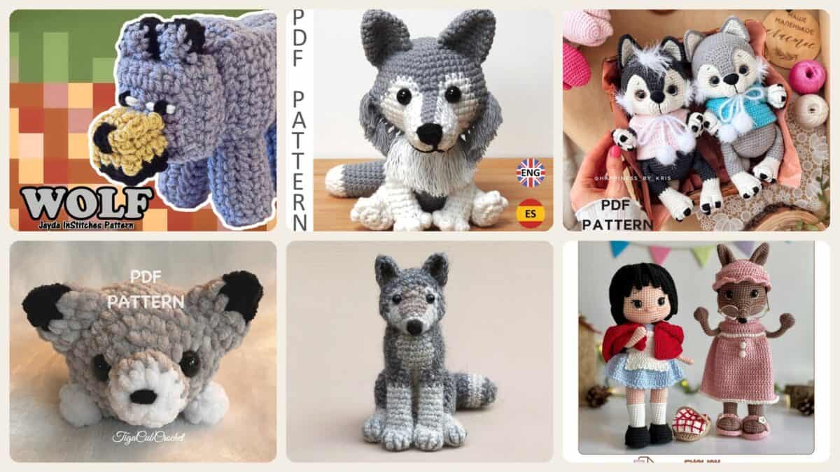 A selection of the crochet patterns in 40 Wolf Crochet Patterns to Stitch for Woodland Decor, Gifts, and Amigurumi Displays