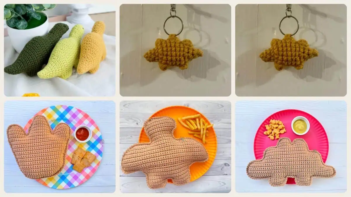 A selection of the crochet patterns in 10 Dino Nugget Crochet Patterns for Playful Plushies, Pillows, and Giftable Makes