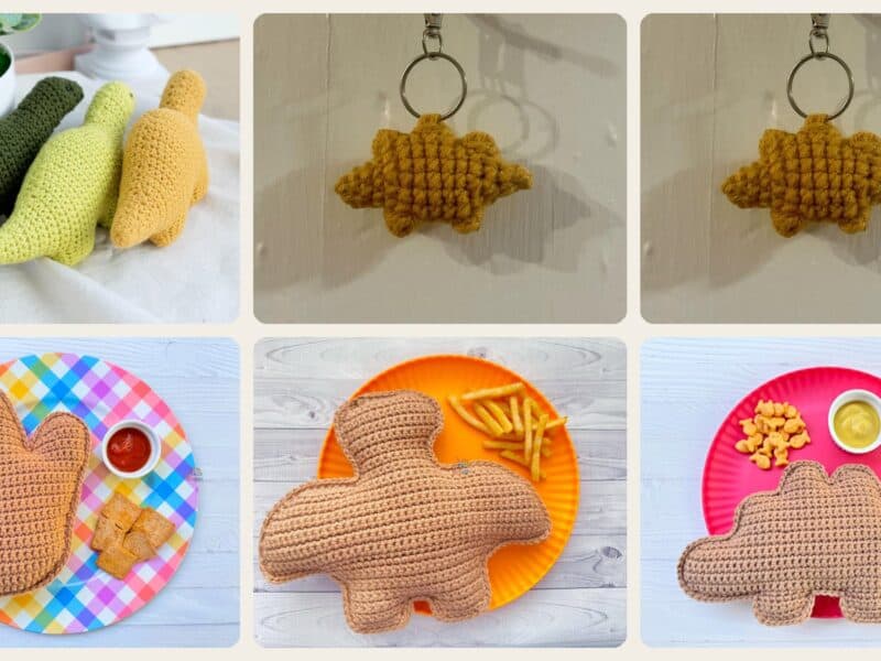 A selection of the crochet patterns in 10 Dino Nugget Crochet Patterns for Playful Plushies, Pillows, and Giftable Makes