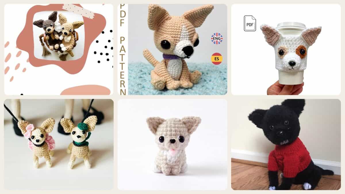 A selection of the crochet patterns in 35 Chihuahua Crochet Patterns to Stitch Tiny Dogs, Gifts, and Display Pieces